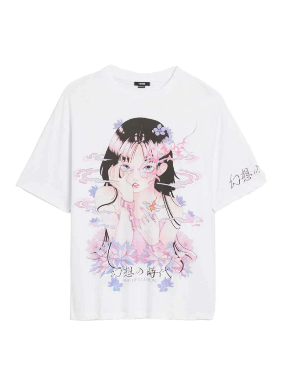 HOUSE BRAND fehér anime mintás oversized póló