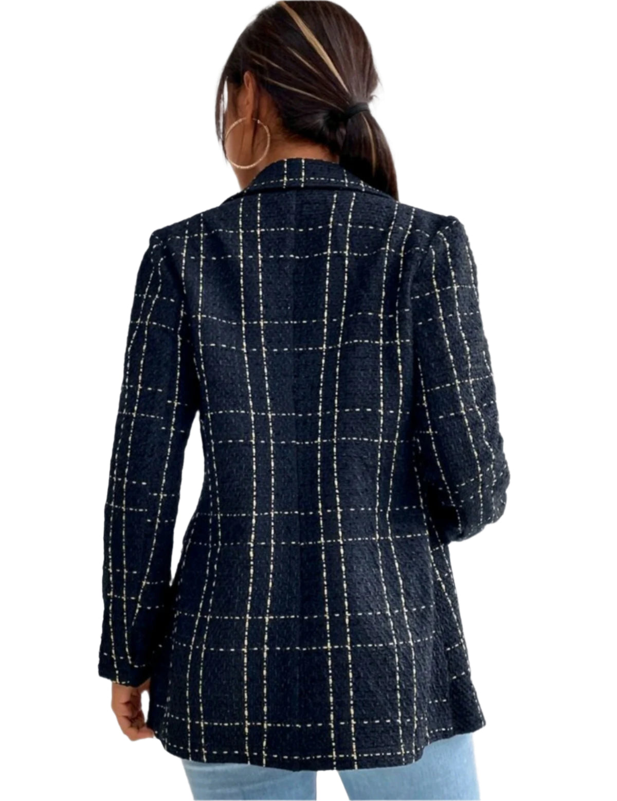 SHE sötétkék kockás tweed blézer