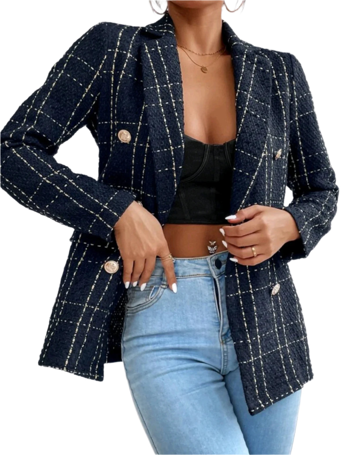 SHE sötétkék kockás tweed blézer