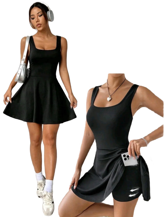 SHE fekete sportos teniszruha zsebes betéttel