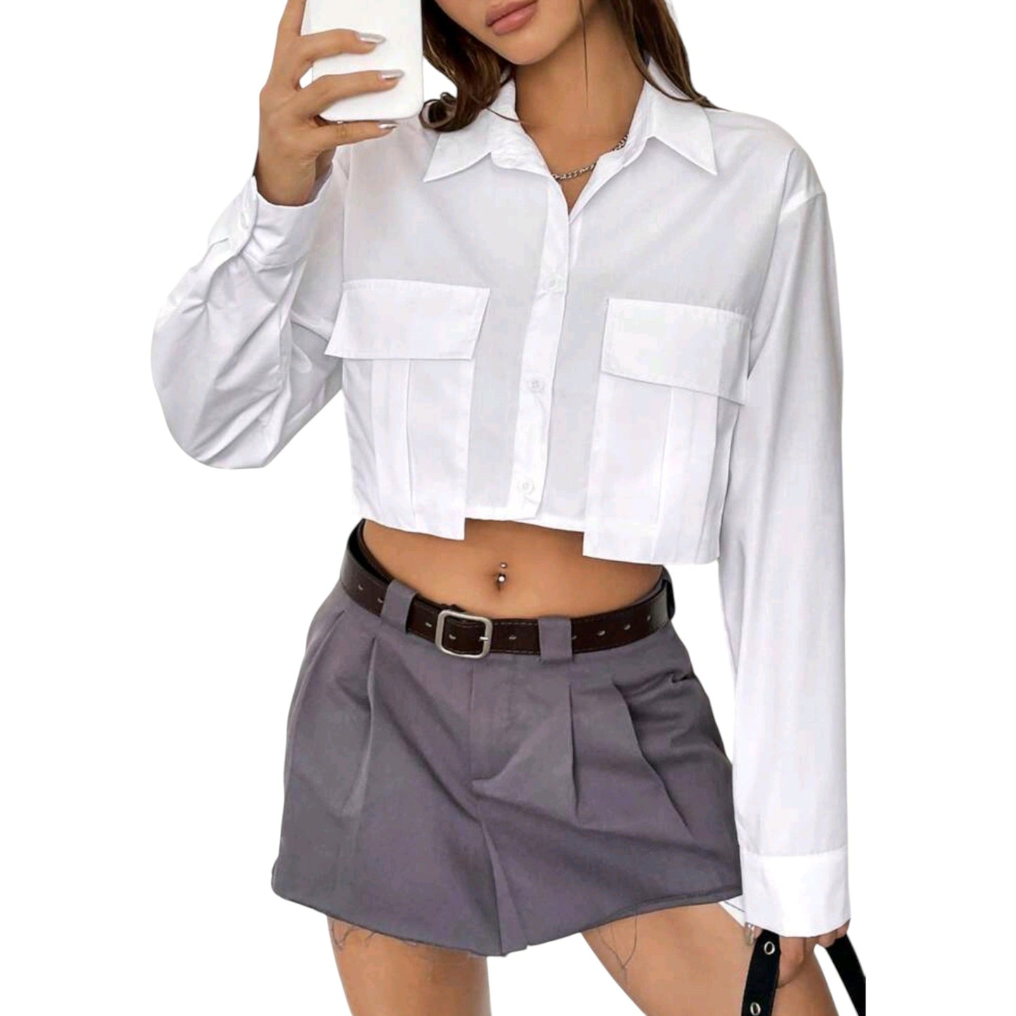 SHE fehér crop top ingblúz zsebekkel