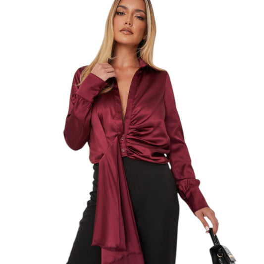 MISSGUIDED bordó szatén megkötős hosszú ujjú blúz