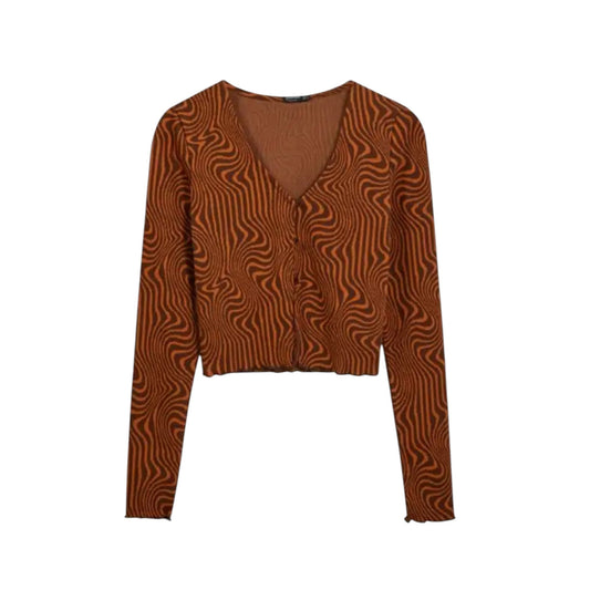 STRADIVARIUS barna mintás kötött crop kardigán