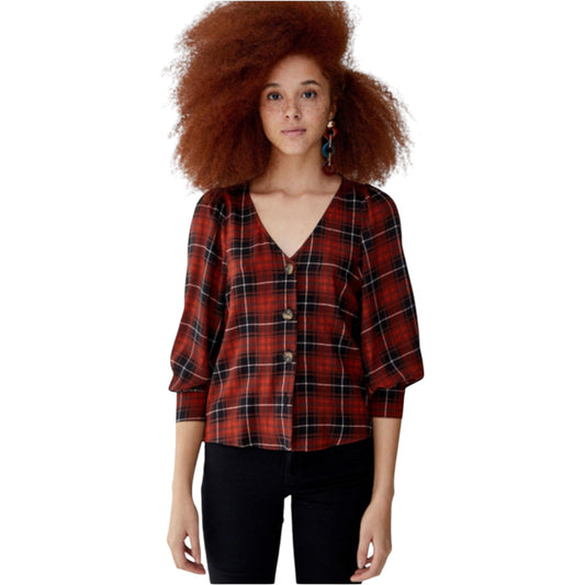 PULL&BEAR piros kockás v-nyakú blúz