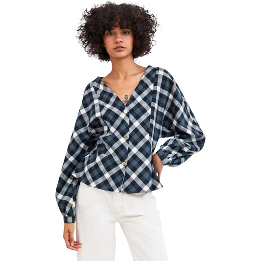 ZARA fekete kockás puffos ujjú blúz
