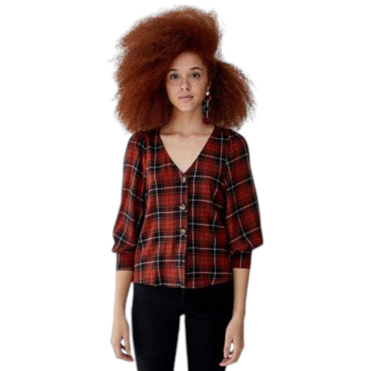 PULL&BEAR piros kockás V-nyakú blúz