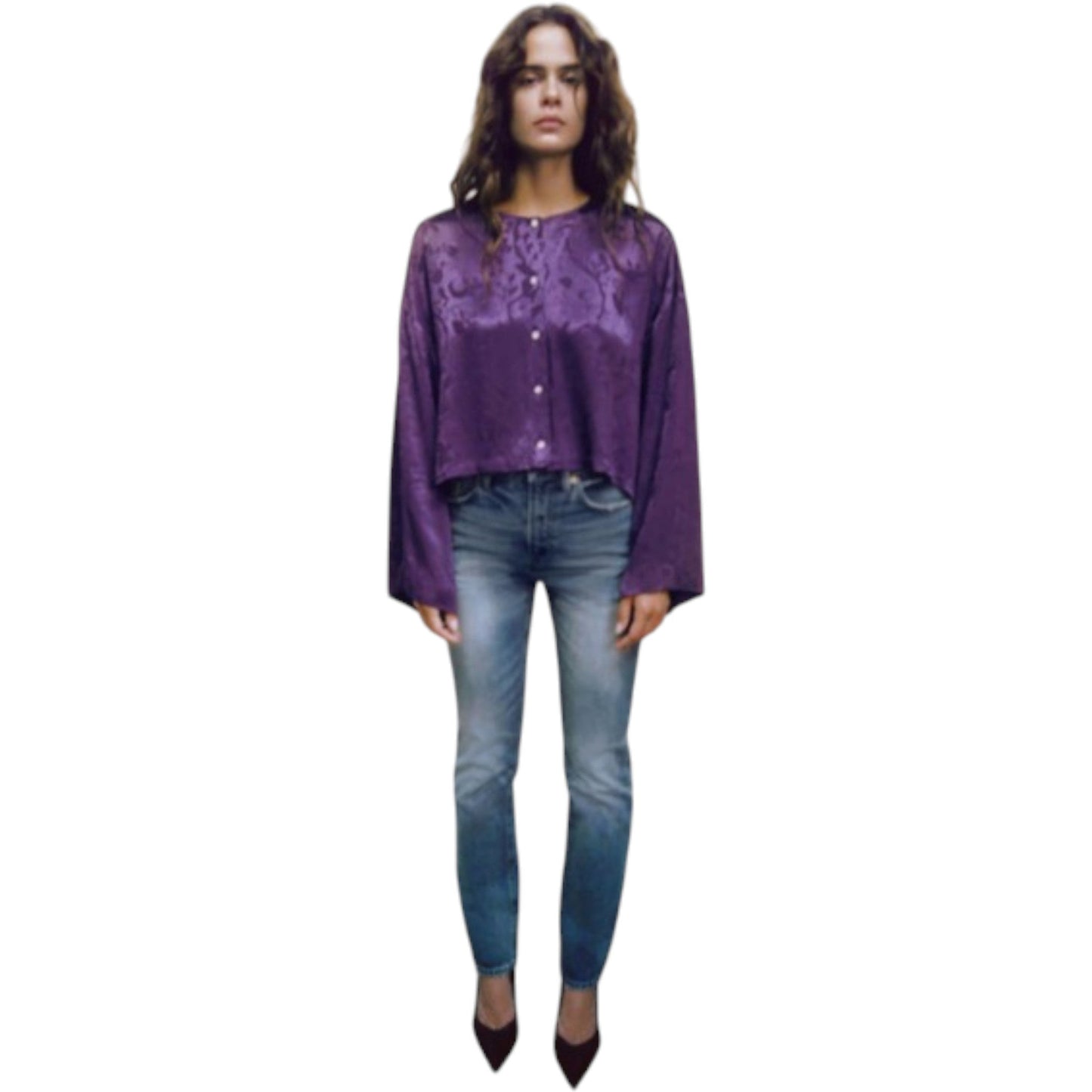 ZARA lila crop jacquard blúz