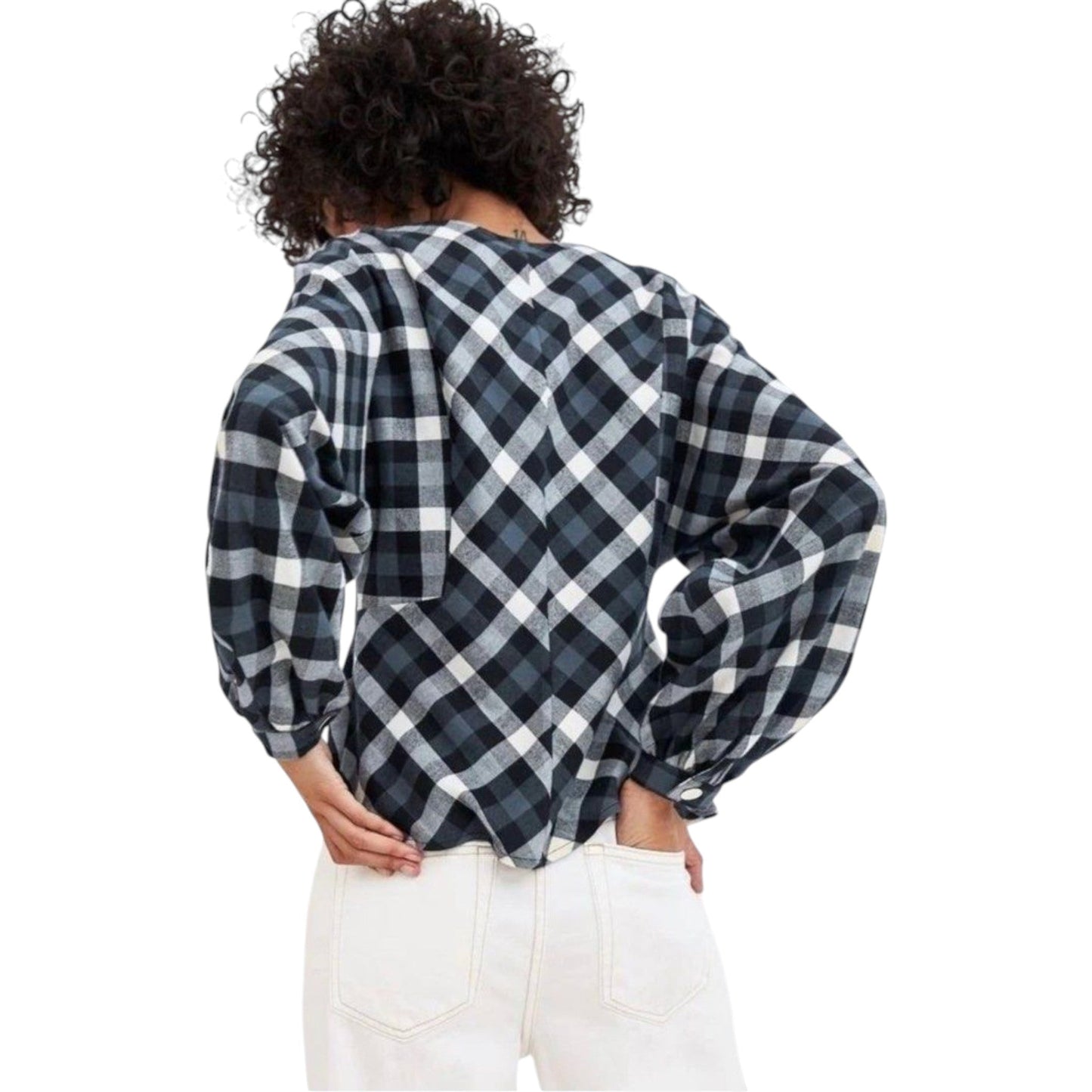 ZARA fekete kockás V-nyakú blúz