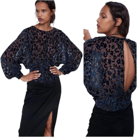 ZARA fekete plüss mintás crop blúz