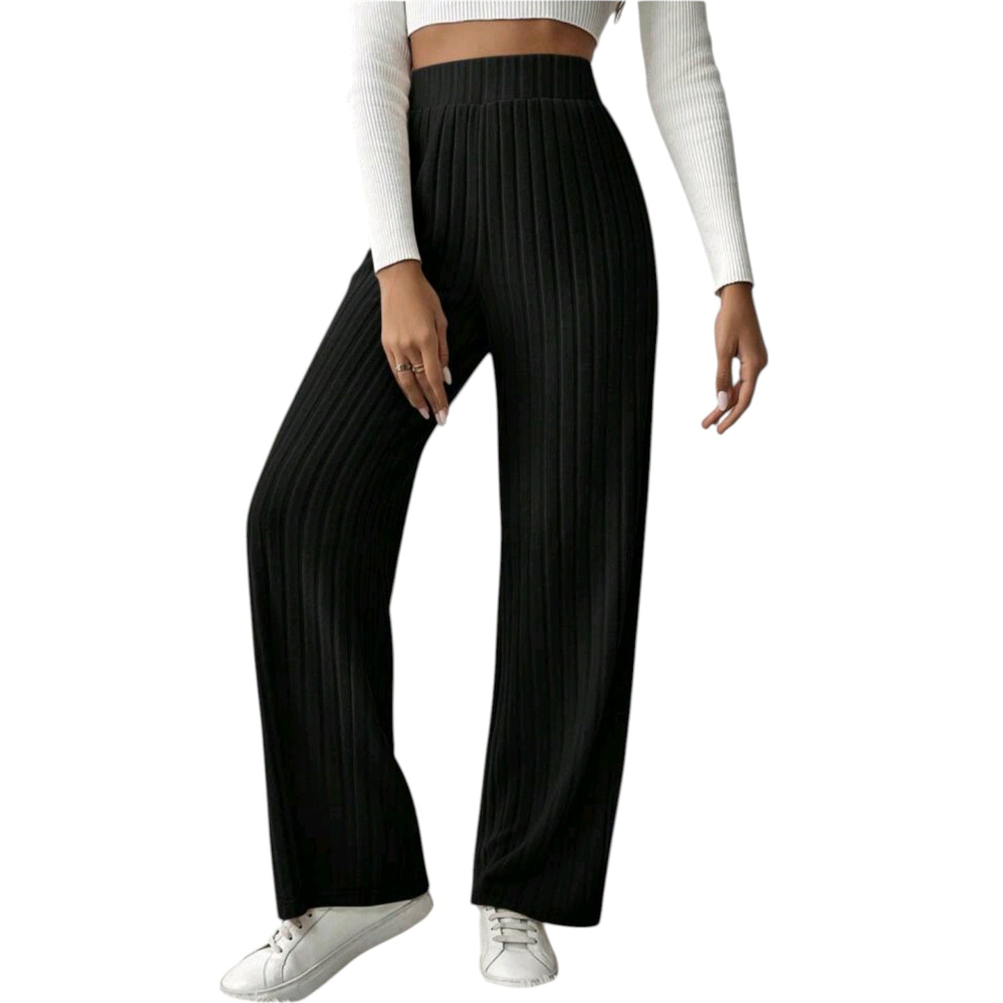SHE fekete bordázott wide leg nadrág