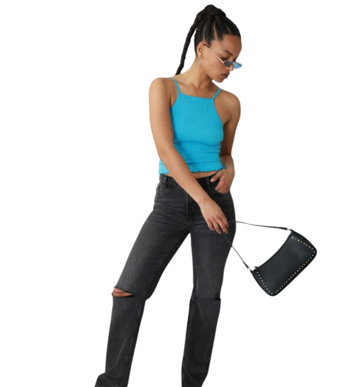 PINKIE türkizkék bordázott pántos crop top