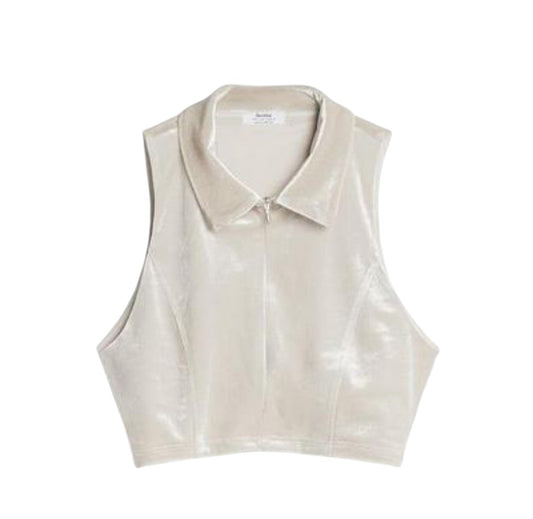 BERSHKA krém bársony cipzáras galléros crop top