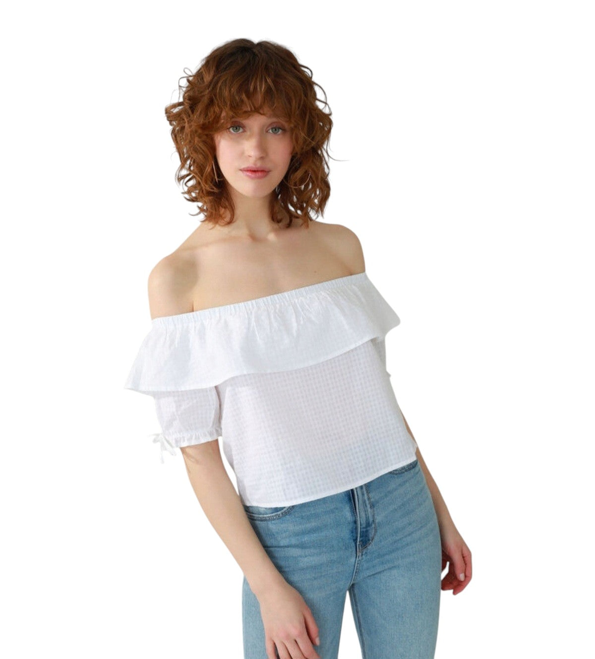 PINKIE fehér kockás fodros váll nélküli felső