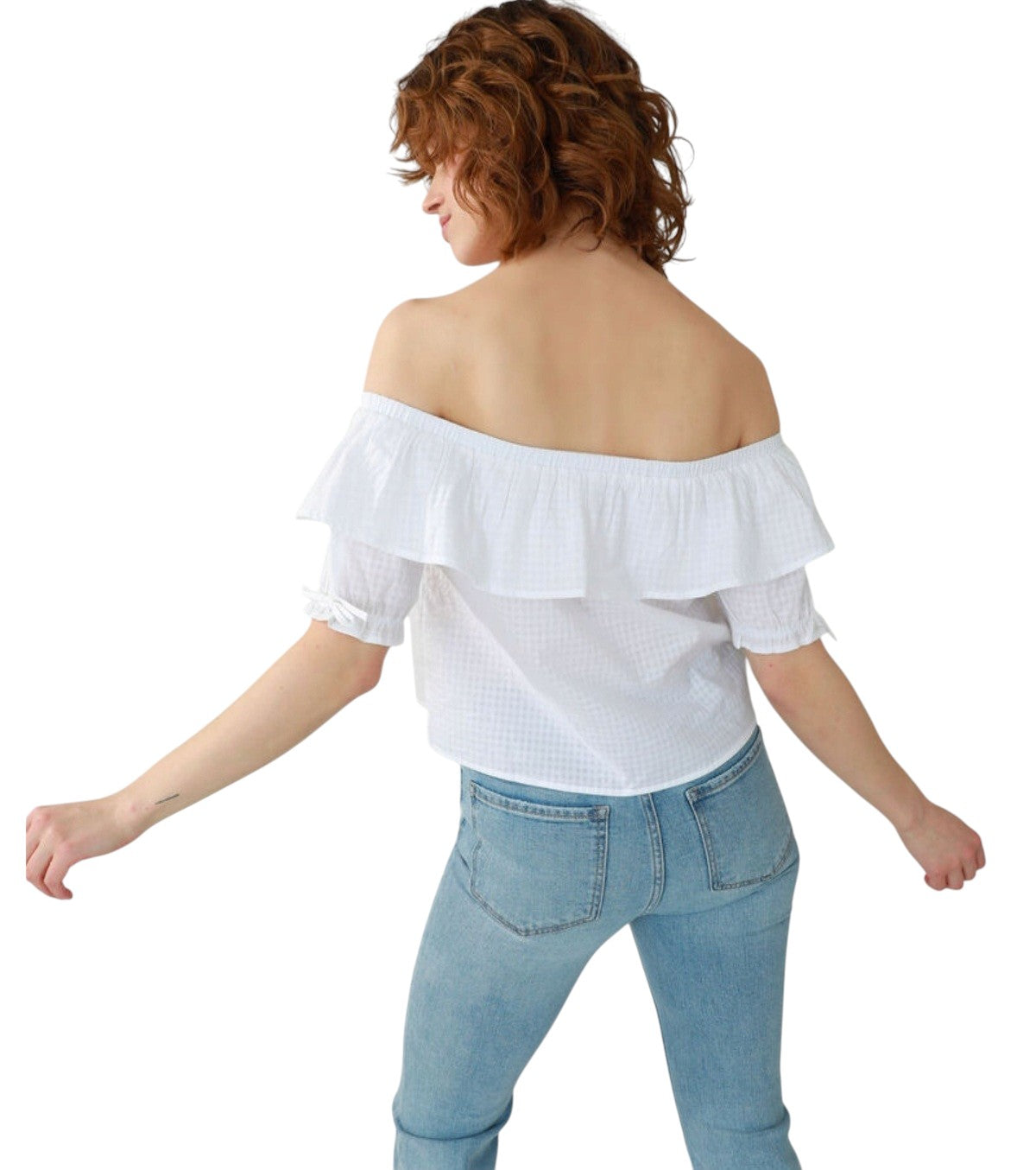 PINKIE fehér kockás fodros váll nélküli felső