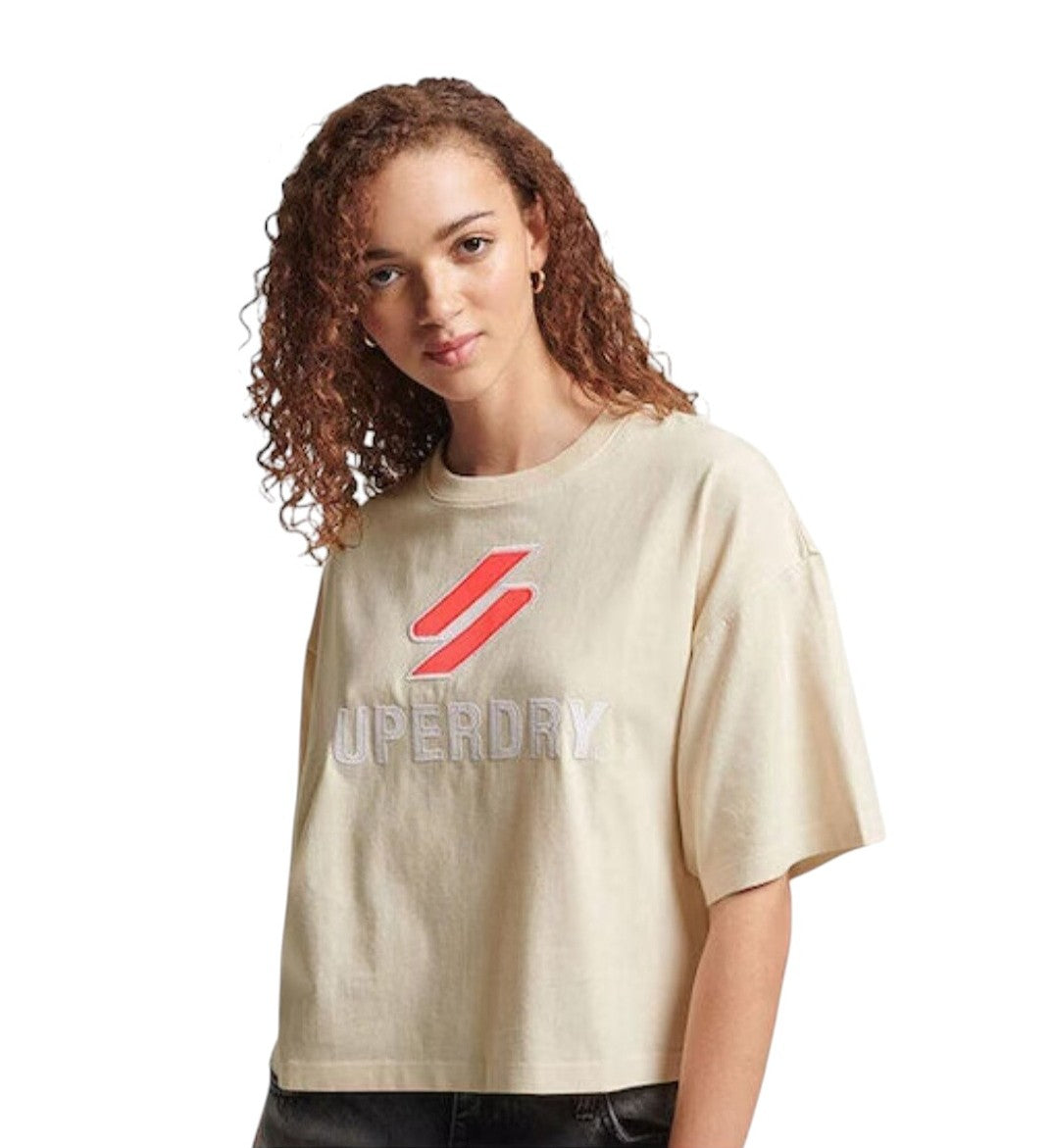 SUPERDRY krém hímzett crop top póló