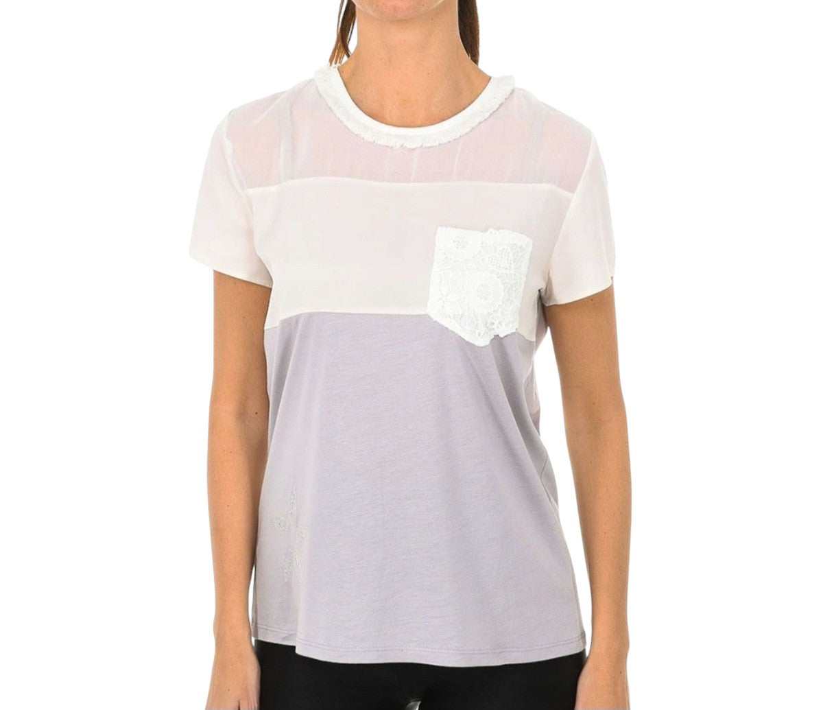 DESIGUAL lila-fehér color block csipkés zsebes póló