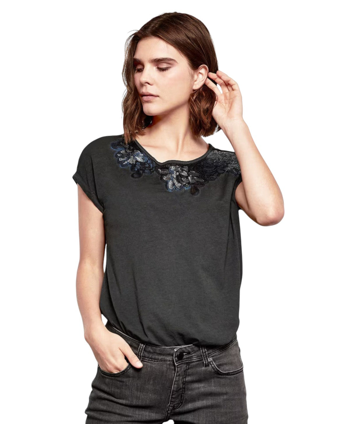 S. OLIVER sötétszürke hímzett virágos nyakú póló