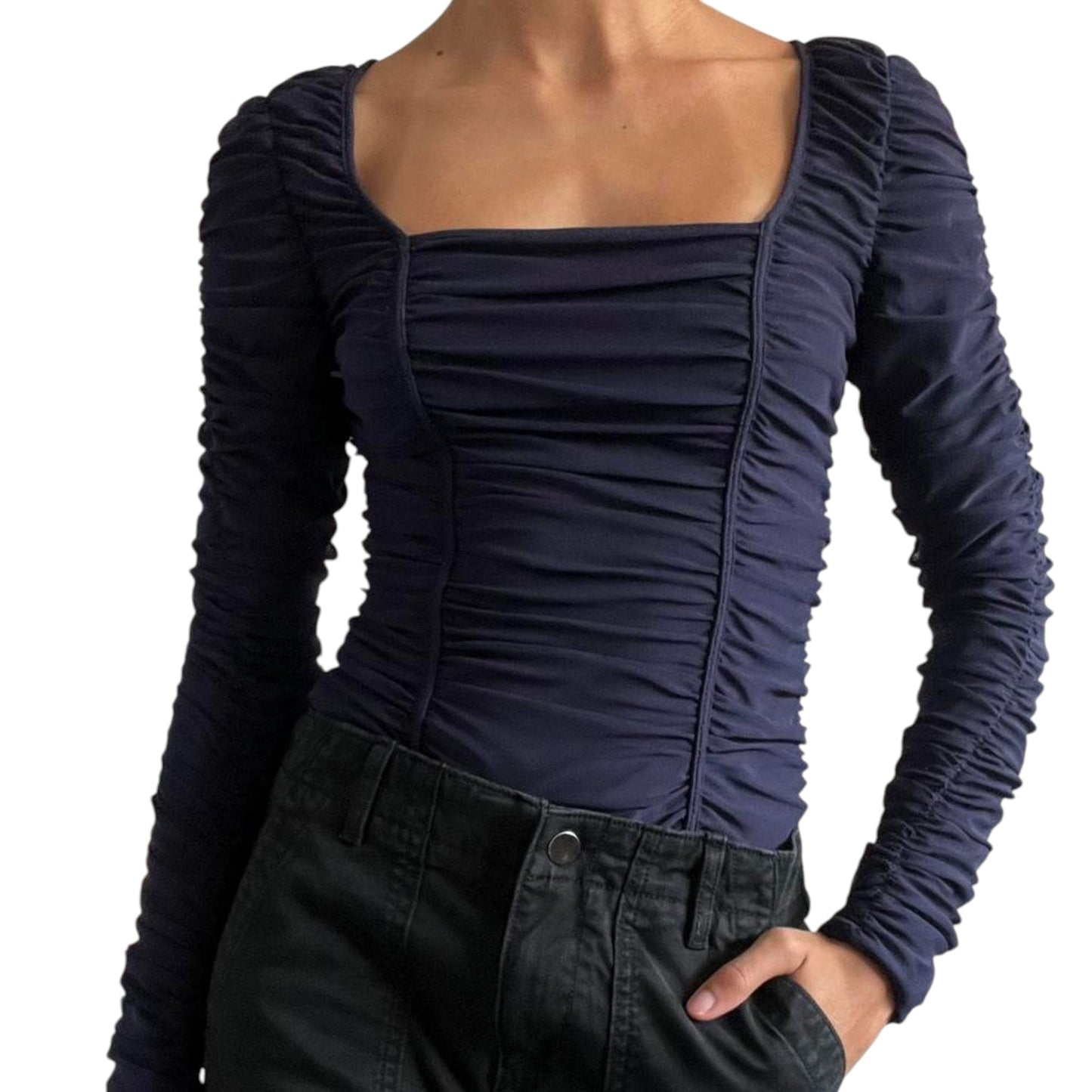 ZARA sötétkék ráncolt hosszú ujjú body