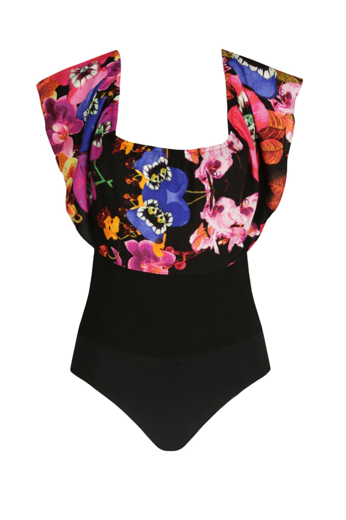 DESIGUAL fekete virágmintás fodros body