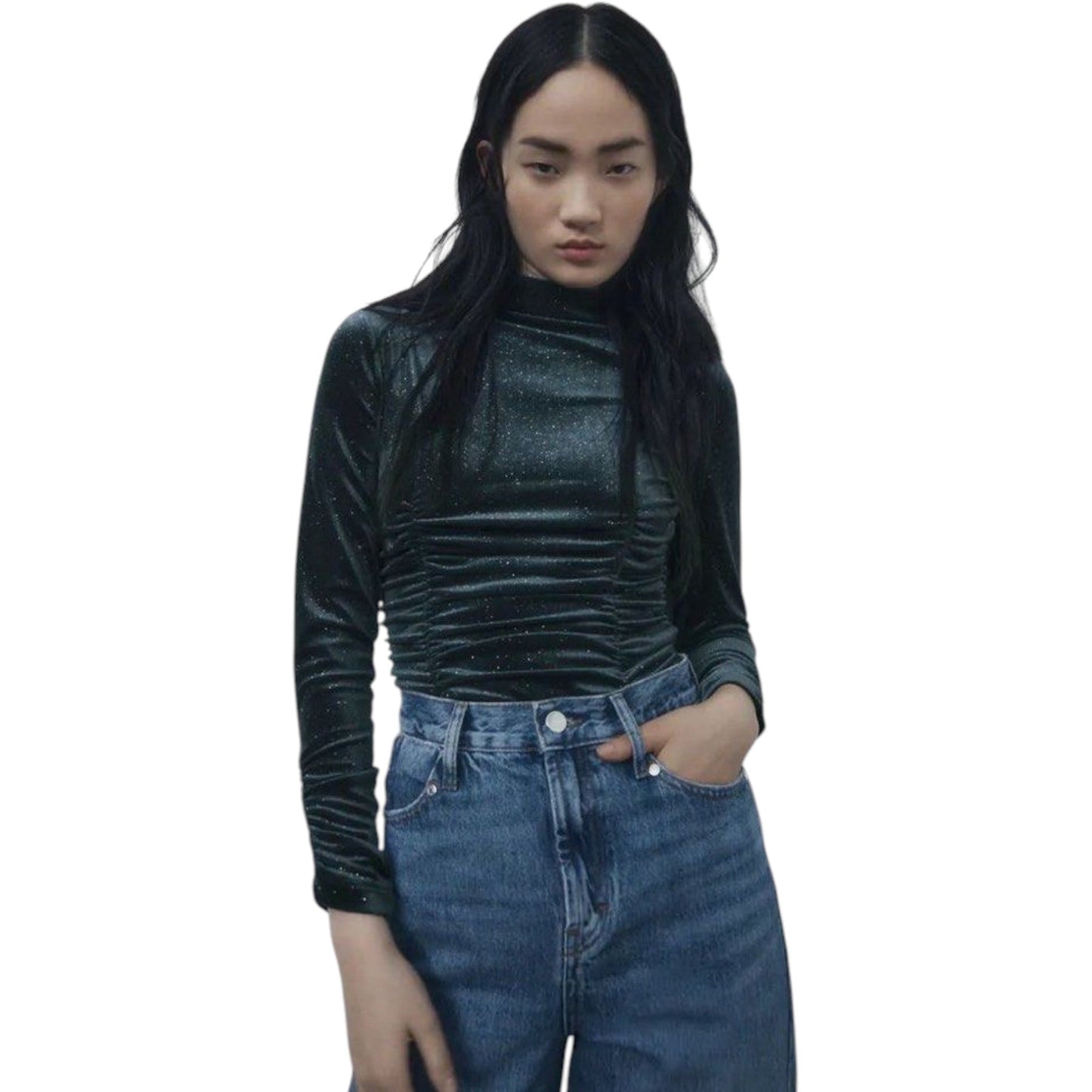 ZARA sötétzöld garbó nyakú ráncolt body
