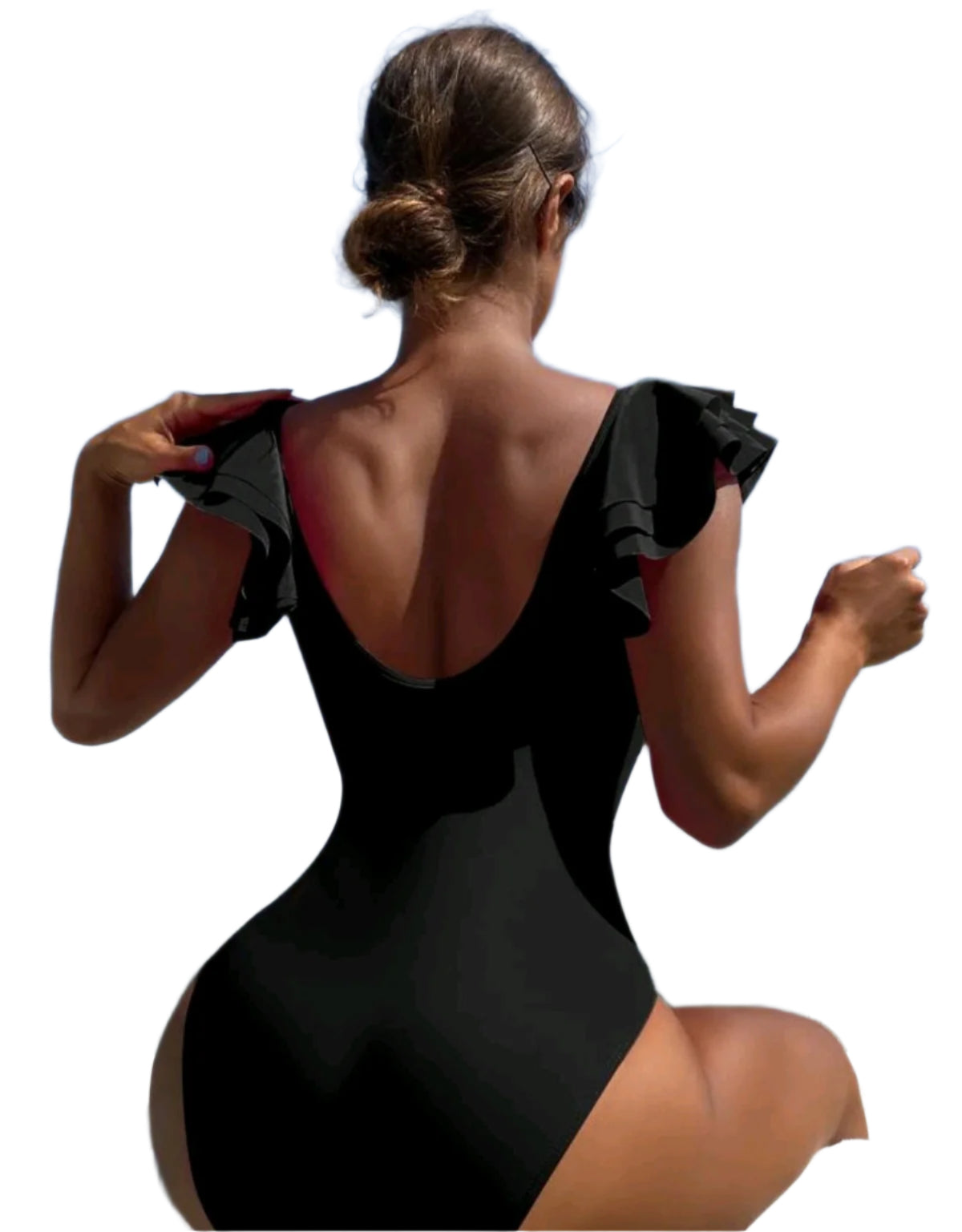 SHE fekete fodros vállú elegáns fürdőruha