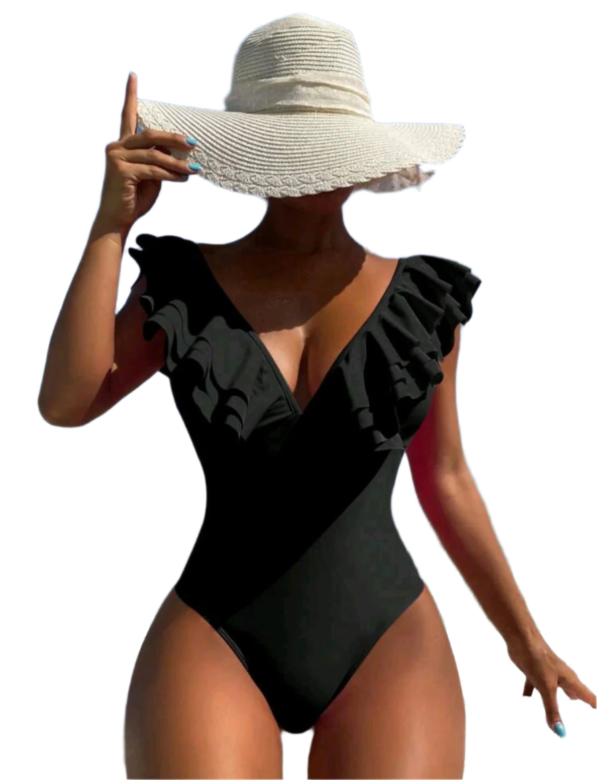 SHE fekete fodros vállú elegáns fürdőruha