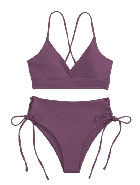 SHE lila magas derekú oldalt fűzős bikini szett