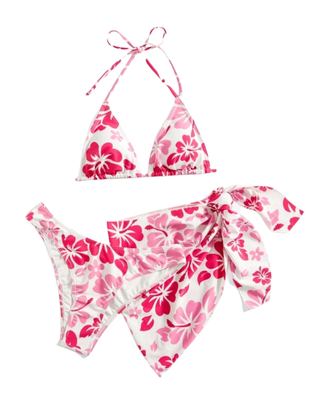 SHE fehér rózsaszín virágmintás háromrészes bikini szett