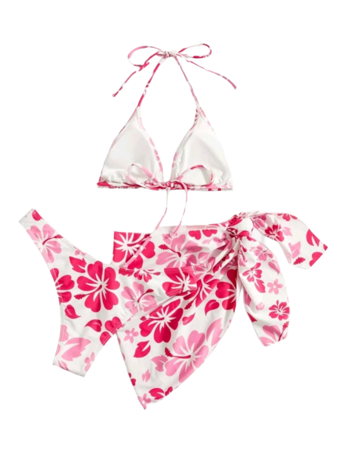 SHE fehér rózsaszín virágmintás háromrészes bikini szett