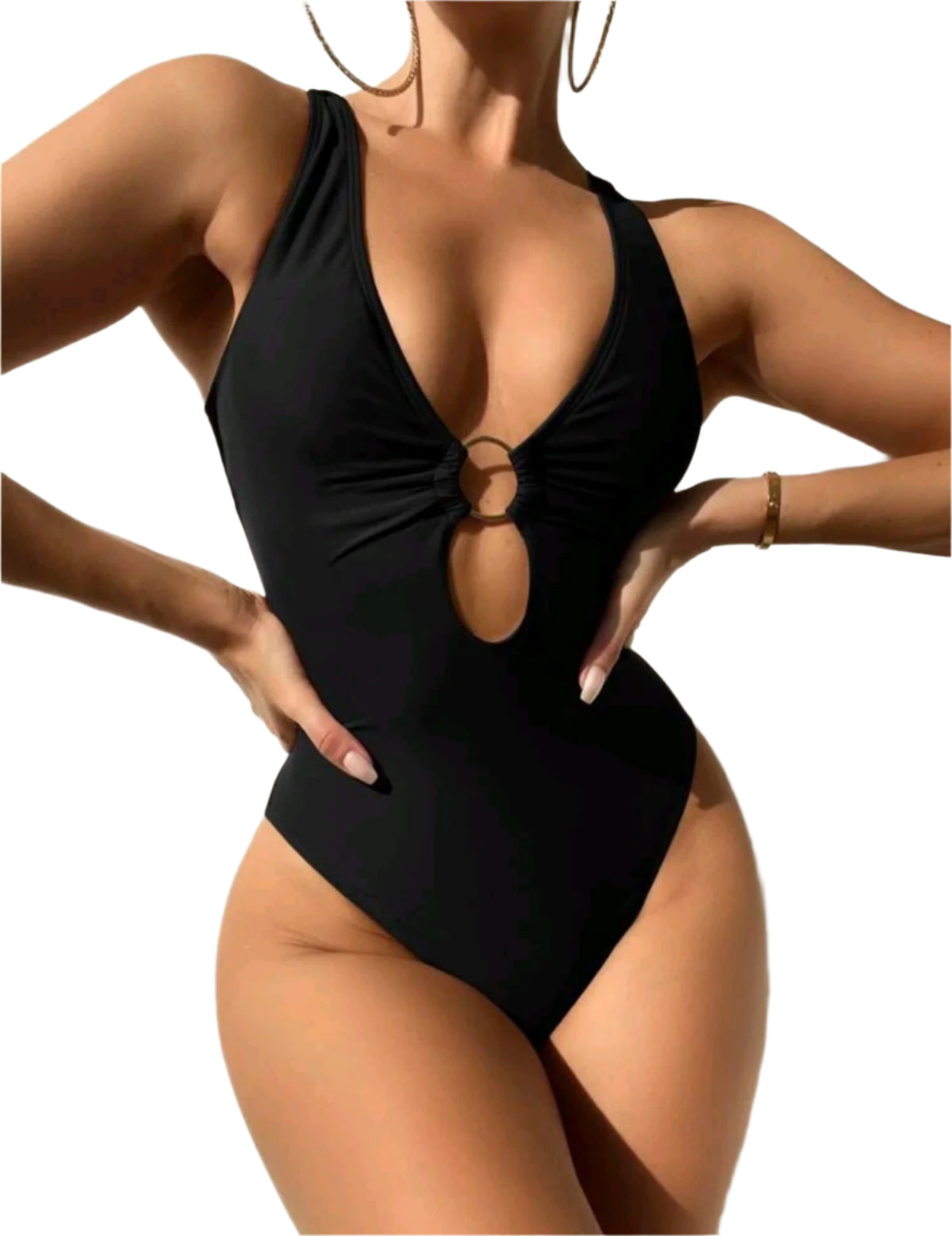 SHE fekete mélyen dekoltált egyrészes fürdőruha