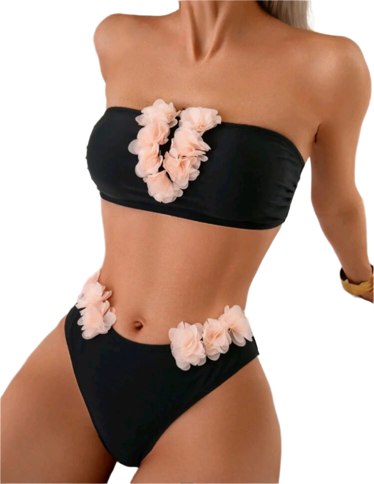 SHE fekete virágdíszes bandeau bikini