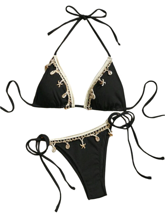 SHE fekete kagylódíszes horgolt bikini