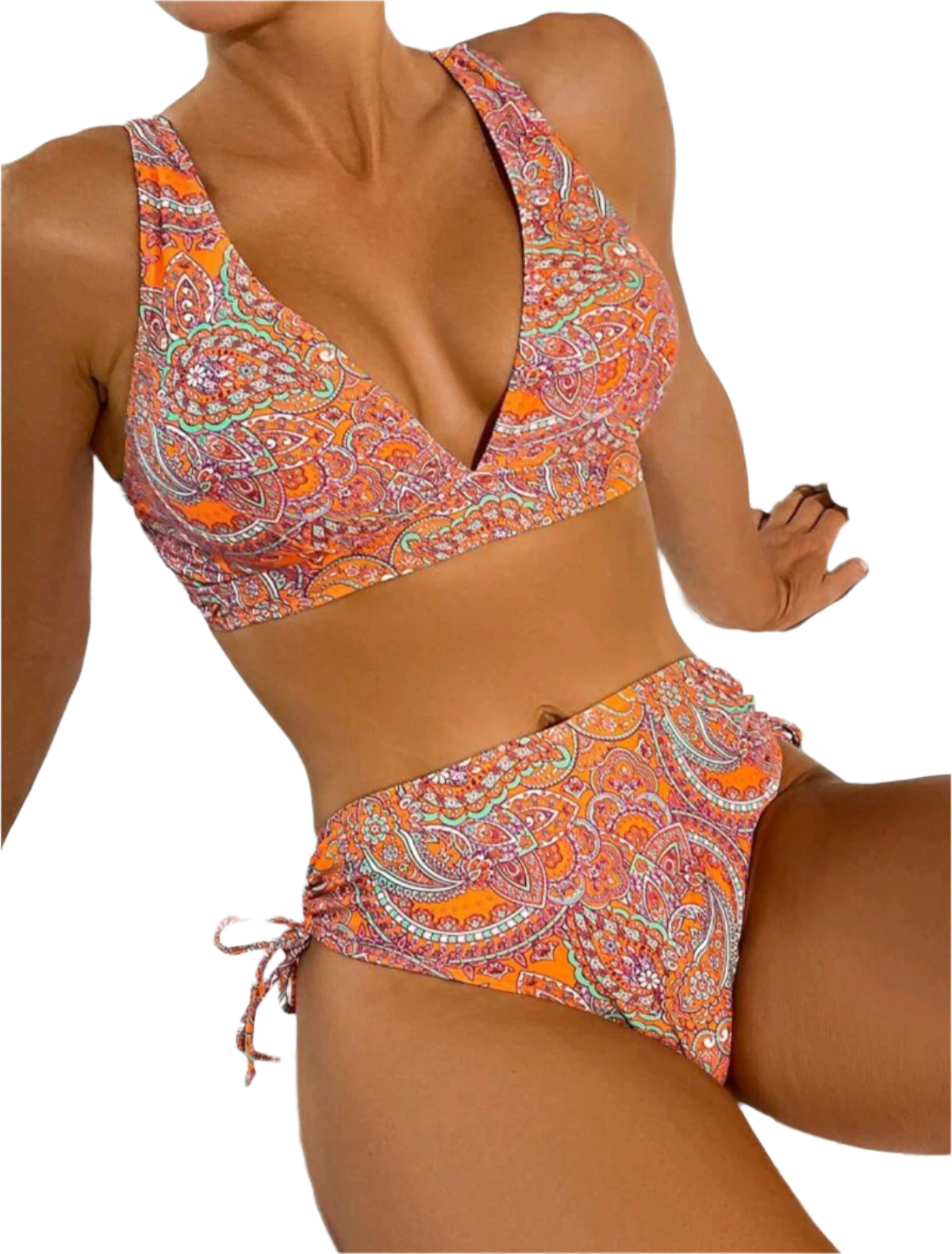 SHE narancs-paisley mintás magasderekú bikini