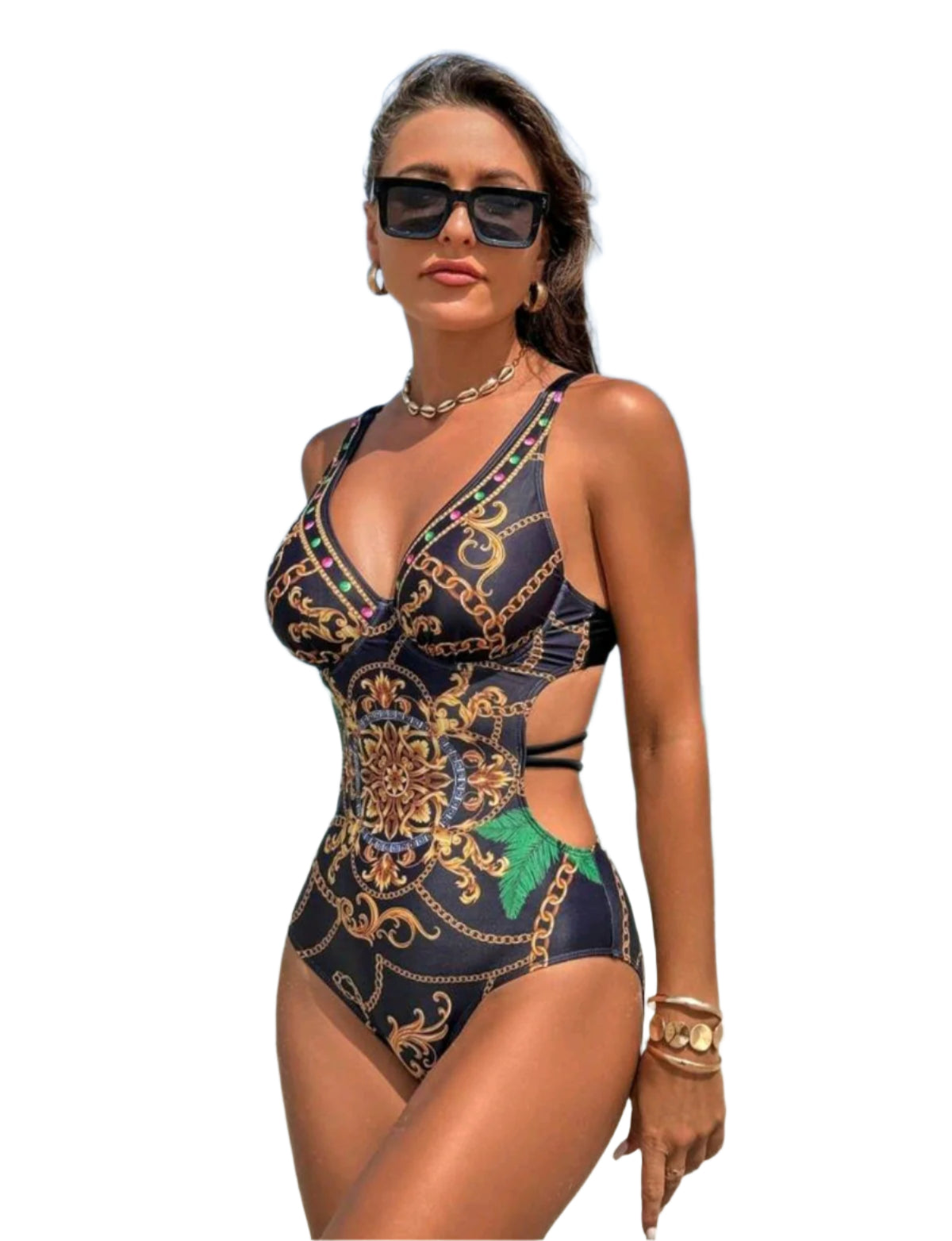 SHE fekete-arany mintás kivágott egyberészes fürdőruha