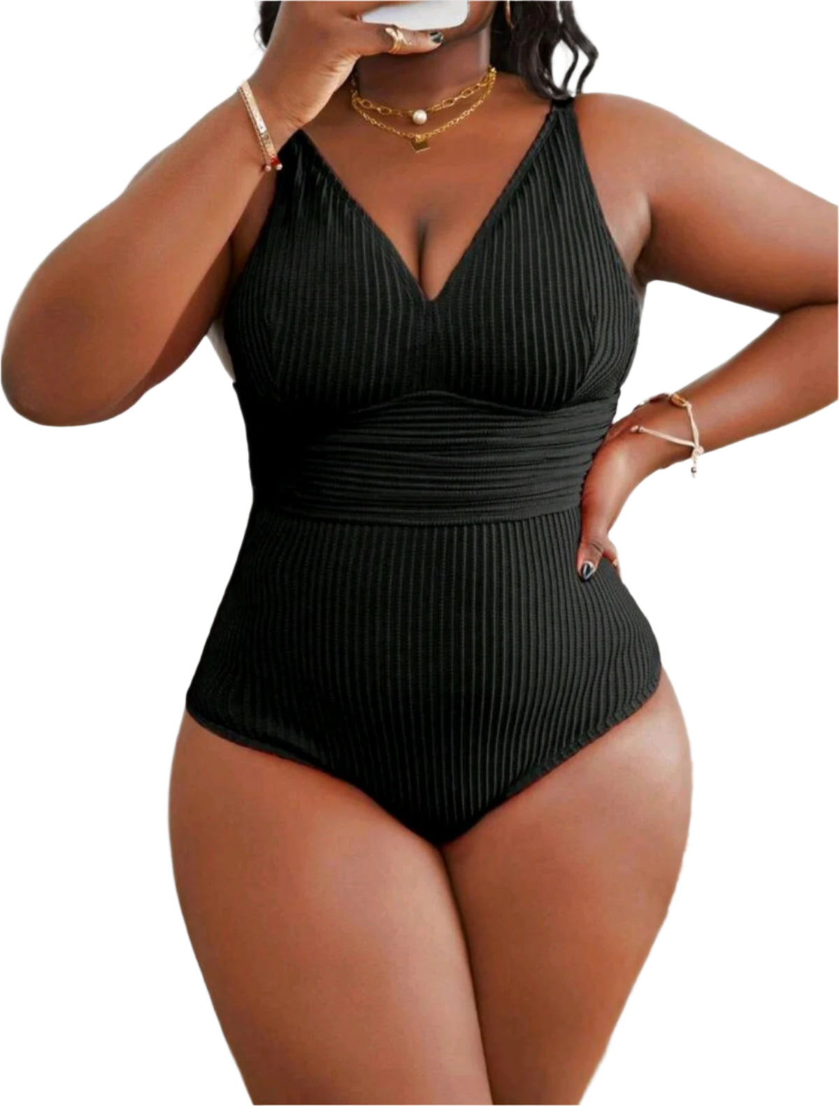 SHE fekete bordázott egyrészes fürdőruha