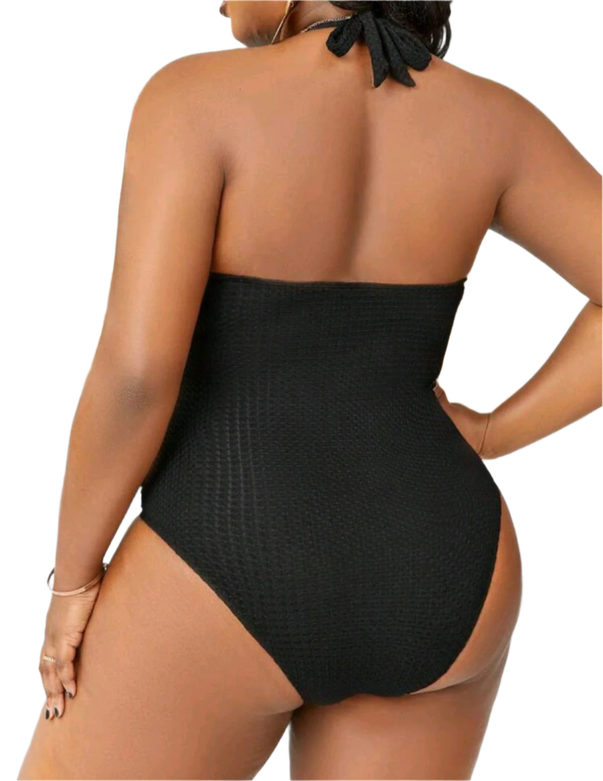 SHE fekete texturált nyakba akasztós egyrészes fürdőruha