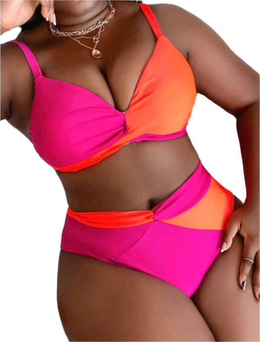 SHE pink-narancs színblokkolt bikini szett