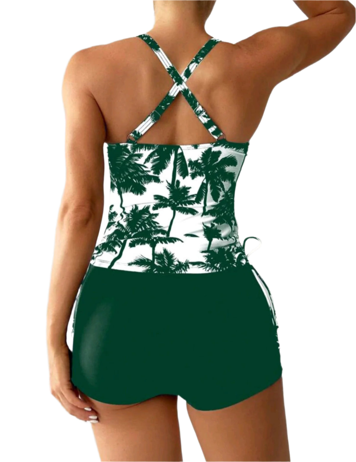 SHE zöld-fehér pálmafás tankini shorttal