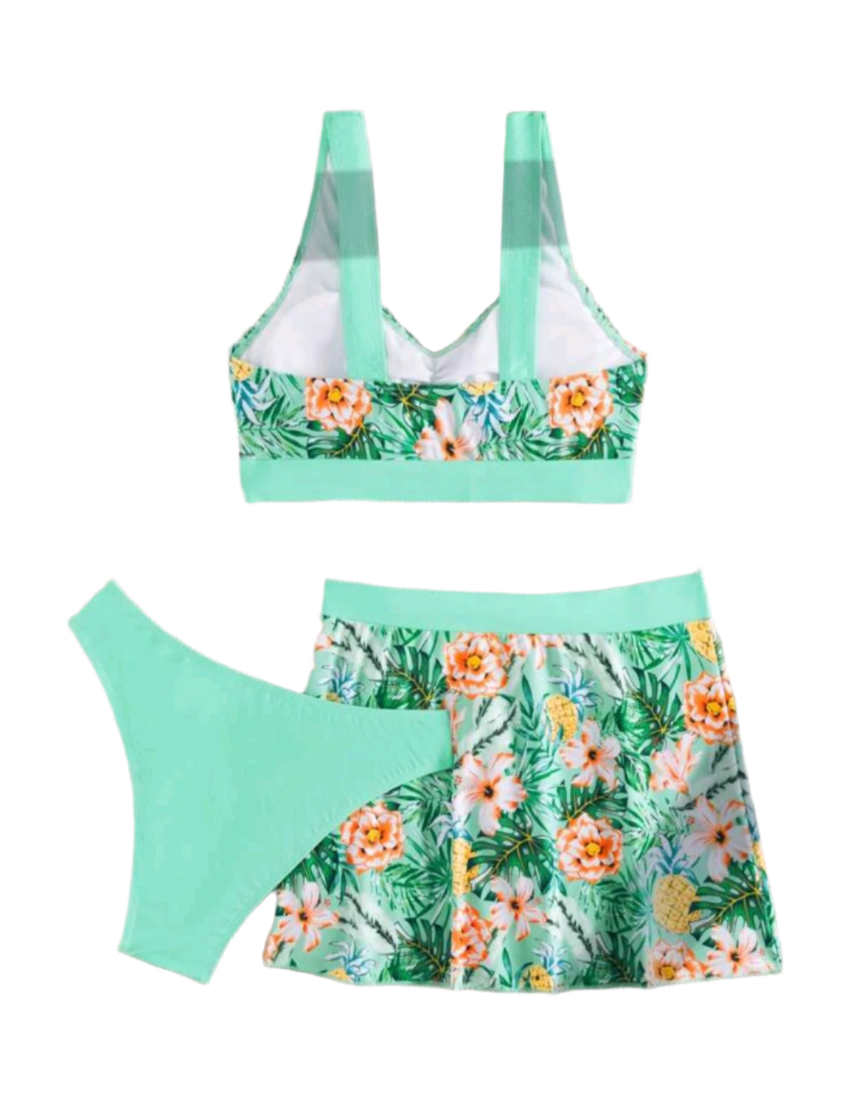 SHE zöld trópusi mintás háromrészes fürdőruha szett