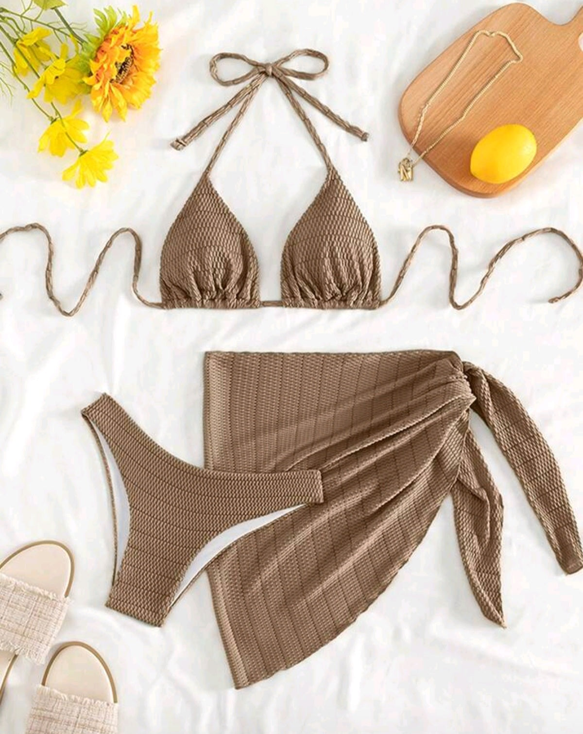 SHE barna texturált háromrészes bikini szett