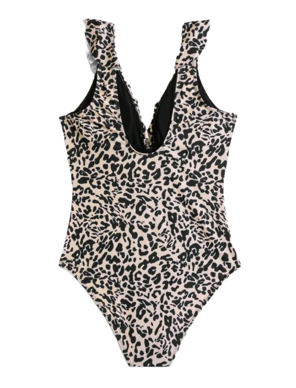 SHE bézs-fekete leopárdmintás fodros egyrészes fürdőruha