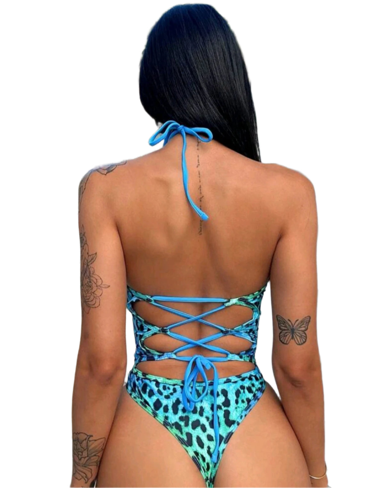 SHE kék-zöld állatmintás cut-out fürdőruha