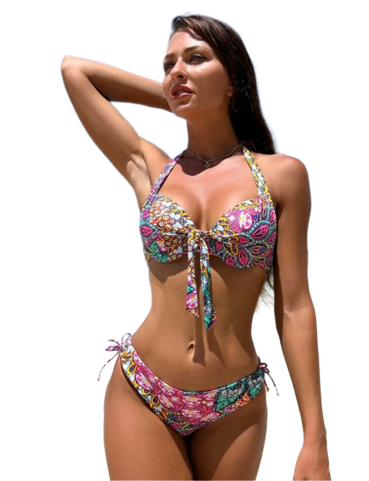 SHE színes virágmintás megkötős bikini szett
