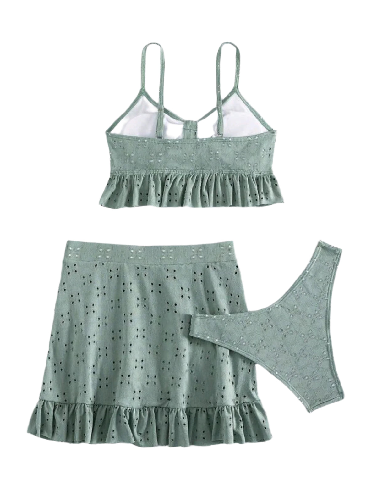 SHE zöld hímzett fodros háromrészes fürdőruha szett