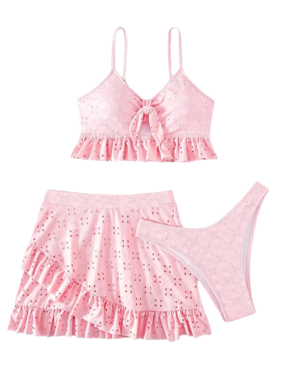 SHE rózsaszín fodros masnis háromrészes fürdőruha szett