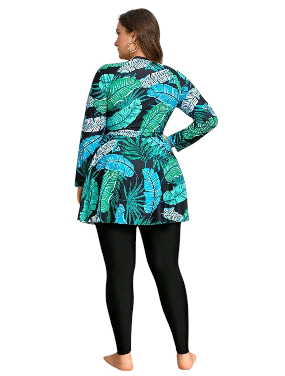 SHE fekete-kék trópusi mintás hosszú ujjú kétrészes fürdőruha