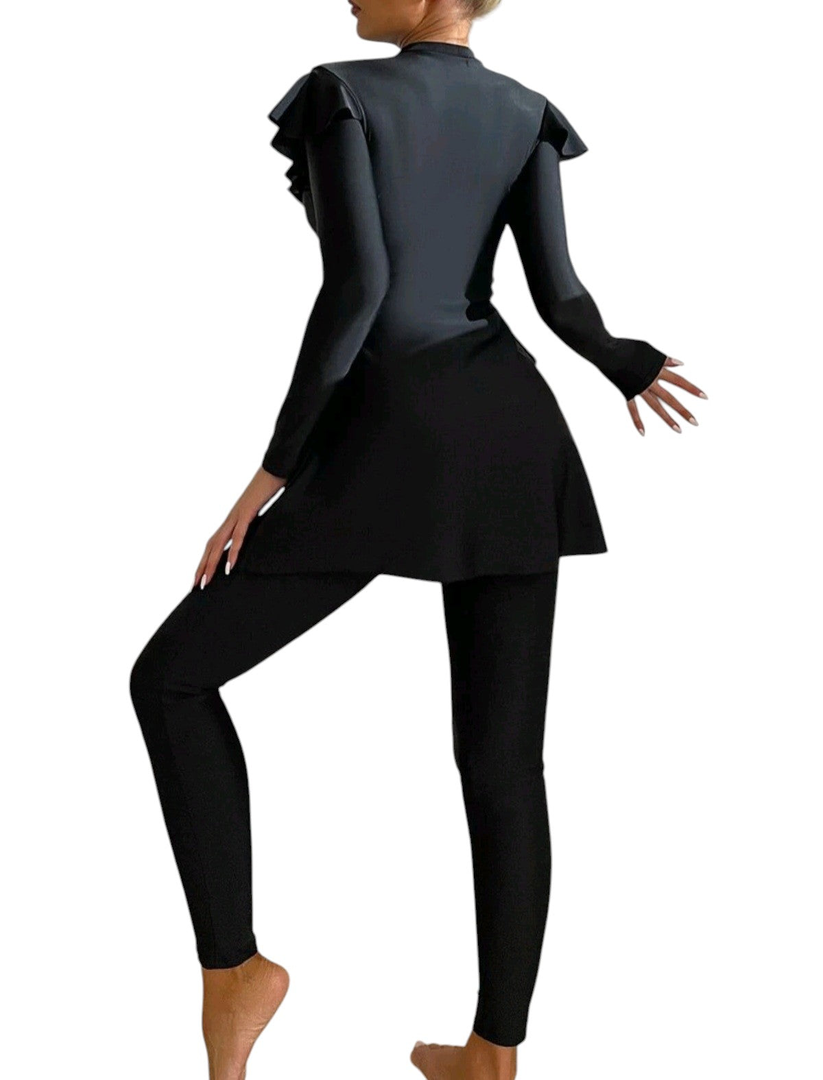 SHE fekete hosszú ujjú fodros kétrészes burkini