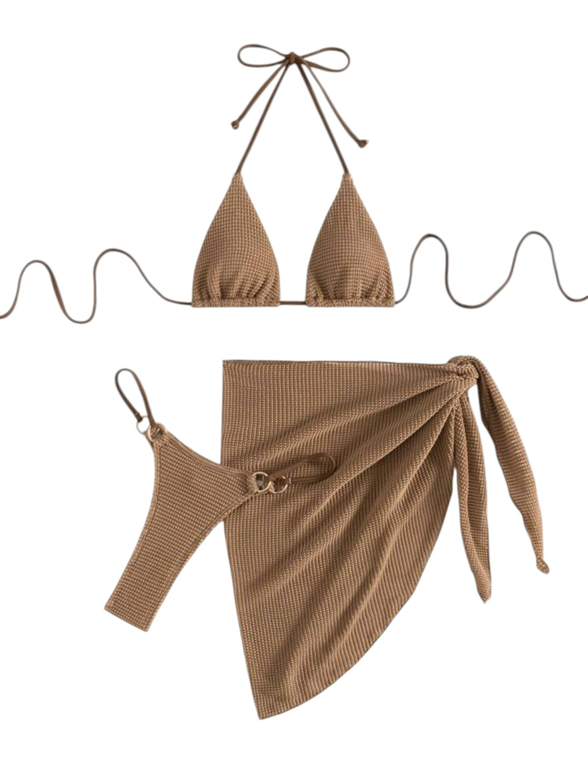 SHE barna texturált háromrészes bikini szett pareóval