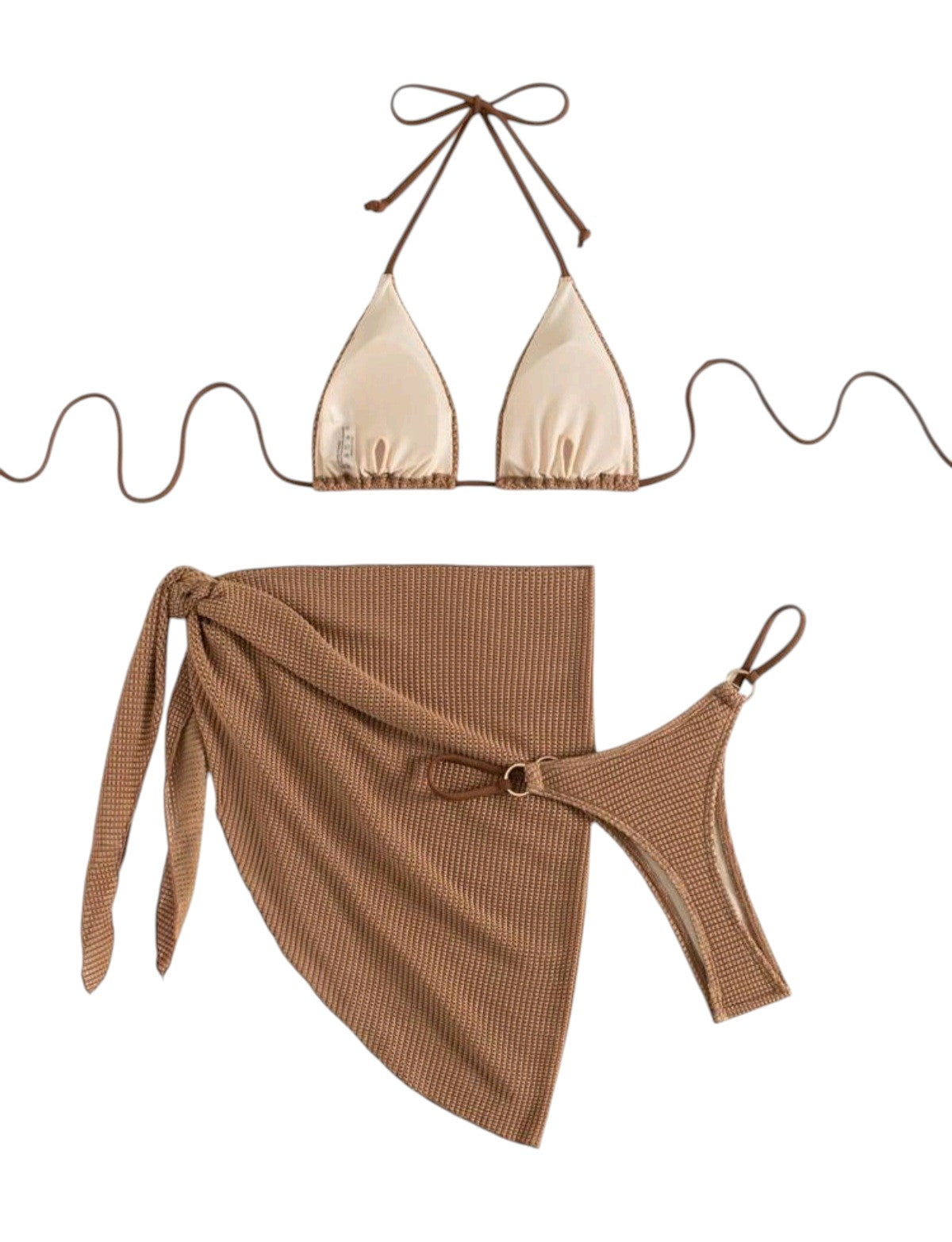 SHE barna texturált háromrészes bikini szett pareóval