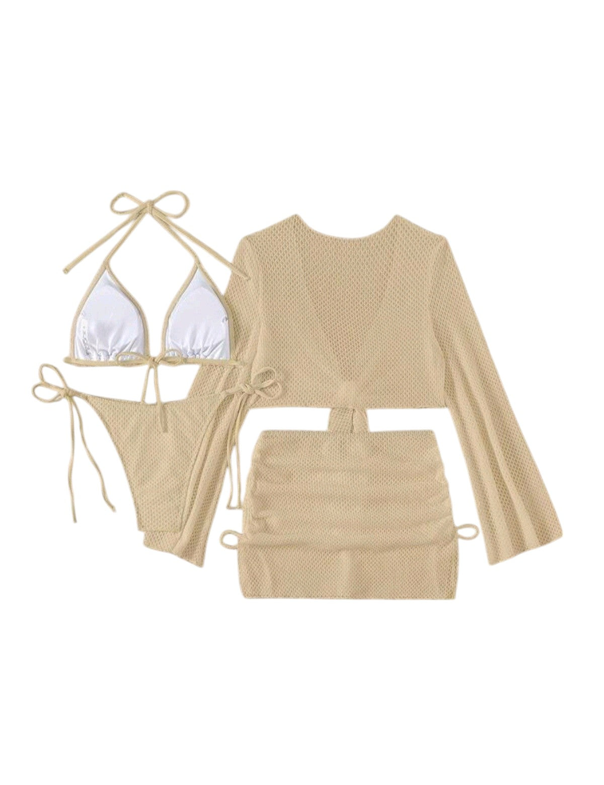 SHE bézs texturált háromrészes bikini szett kötött felsővel és szoknyával
